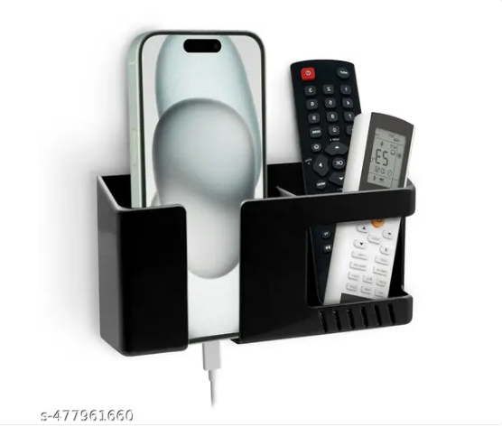Wall Mobile Holder Multi-Purpose Mobile Stand for Wall Remote Holder & Mobile Charging Stand, Wall Phone Holder for Charging Kitchen Organizer Rack Wall Mounted Useful Gadget-(Black)